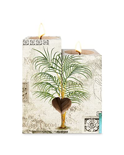 Retro Palm Tree Candle Holder With Tea Light,Vintage Wood Tealight Candle Stick Holder Pillar Centerpiece,Rustic Tropical Botanical Summer Beach Heart-Shaped Tall Wooden Candle Holders Decor Set #TOP30
