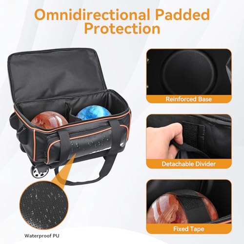 2 Ball Bowling Bag with Wheel,900D Oxford Waterproof PU,Dual Roller Bowling Bag with Sturdy Frame,Large Shoe Compartment Fits Up to Men’s 16,Rolling Bowling Tote, Handle Extends to 39.5\" (Black)