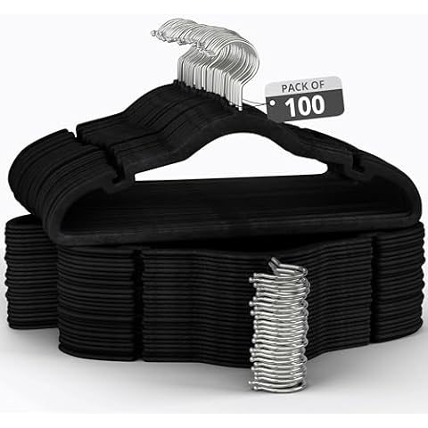 Our Modern Space 100 Pack Velvet Hanger for Shirt Pants Dresses Skirts Suits Jackets - Slim Space Saving Design - Standard Coat Hanger - Sturdy & Durable Design with Shoulder Grooves Hook - Black Cover
