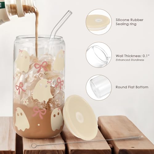Halloween 16oz Can Glass Tumbler with Acrylic Lid & Straw, Iced Coffee Cup for Women Girls, Aesthetic Cups Gifts for Party - Image 4