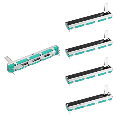 Image of sourcing map 5Pcs Straight Double Linear Slide Potentiometer 6 Pin A10K 60mm(L) 45mm Travel Fader Variable Resistors Mixer Electronic Potentiometer for Dimming Tuning, 4x15mm Metal Handle