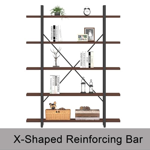 HSH Walnut 5 Tier Bookshelf, Tall Bookcases and Book Shelves 5 Shelf, Large Industrial Metal Wood Display Book Shelf Storage Rack, Rustic Open Bookcase Bookshelves for Bedroom Living Room Office - Thumbnail 5