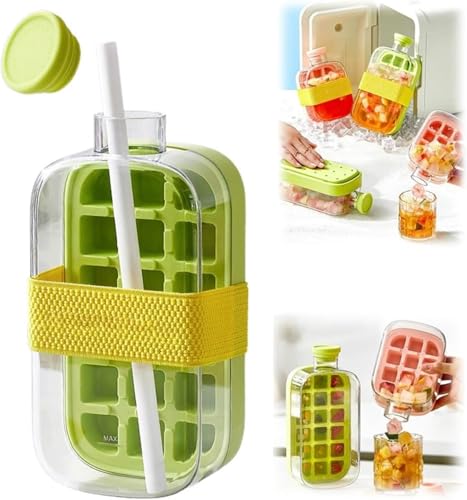 Ice Cube Bottle, My Crush Cup Ice, Cool Summer Ice Bottle Cup, 2 in 1 Ice Cube Tray Water Bottle with Straw, Ice Cube Making Bottle with Lid for Freezer, Travel, Gym & Home Use (Green, 800ml)