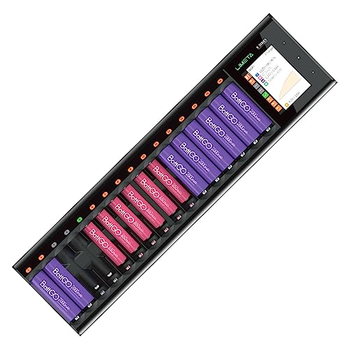 LIMETA Chargeur Piles Rechargeable 16 Baies Chargeur De Piles pour Batterie AA AAA avec Ecran Tactile, Alimentation DC - Chargeur Accus Multifonction
