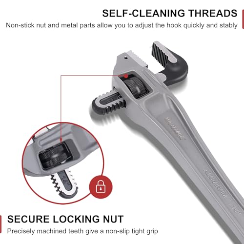 Image of HAUTMEC 14 Inch Aluminum Offset Pipe Wrench, Heavy Duty Adjustable Plumbing Wrench, 2 inch Jaw Capacity, 40% Lighter Drop Forged Construction, for Use in Tight Spaces HT0189