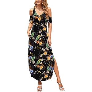 HUSKARY Women's Summer Maxi Dresses Cold Shoulder Short Sleeve Long Dress