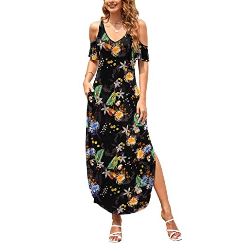 HUSKARY Women's Summer Maxi Dresses 2026 Trendy V Neck Cold Shoulder Short Sleeve Casual Loose Long Split Dress with Pockets Small Army Green