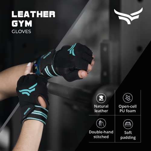 XTRIM X-Macho Leather Gym Gloves for Men & Women with Wrist Support Accessories for Weightlifting, Hand Exercise Gloves with Half-Finger Length for Gym Workout (M, Fits 7.5-8 Inches,Blue-Black) (Image - 5)