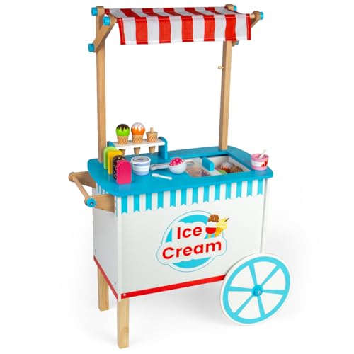 Bigjigs Toys Wooden Ice Cream Cart - 18 Pieces of Ice Cream & Lolly Toy Food with Spoons & Scoop