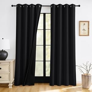 RYB HOME 100% Blackout Black Curtains for Bedroom Living Room 84 inch Long | Thermal Insulated, Heat UV Light Blocking, Noise Reducing, Window Curtains & Drapes for Kids Baby Room, W52 x L84, 2 Panels