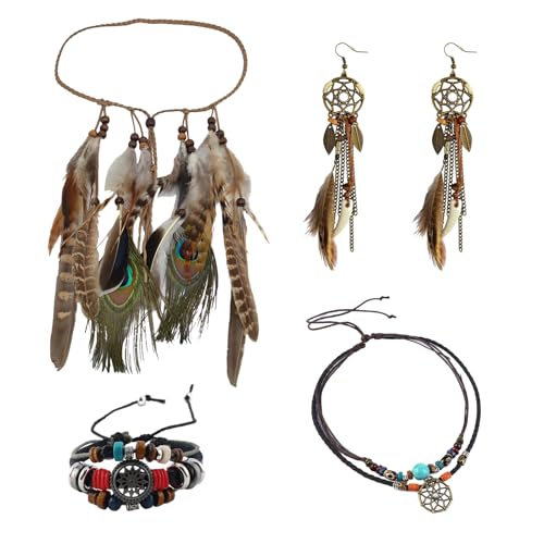 Conjunto de joias de cabeça indiana, 4 unidades, fantasia indiana para mulher, penas, bandana, pele, boho, hippie, disfarce para mulheres, carnaval, festivais, festas temáticas, cosplay, acessórios