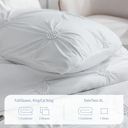 Image of Swift Home Full /Queen White Comforter Set - Ruched 3D Floral Pintuck Bedding Set - 3 Pieces Bed Linen, 1 Comforter and 2 Pillow Shams