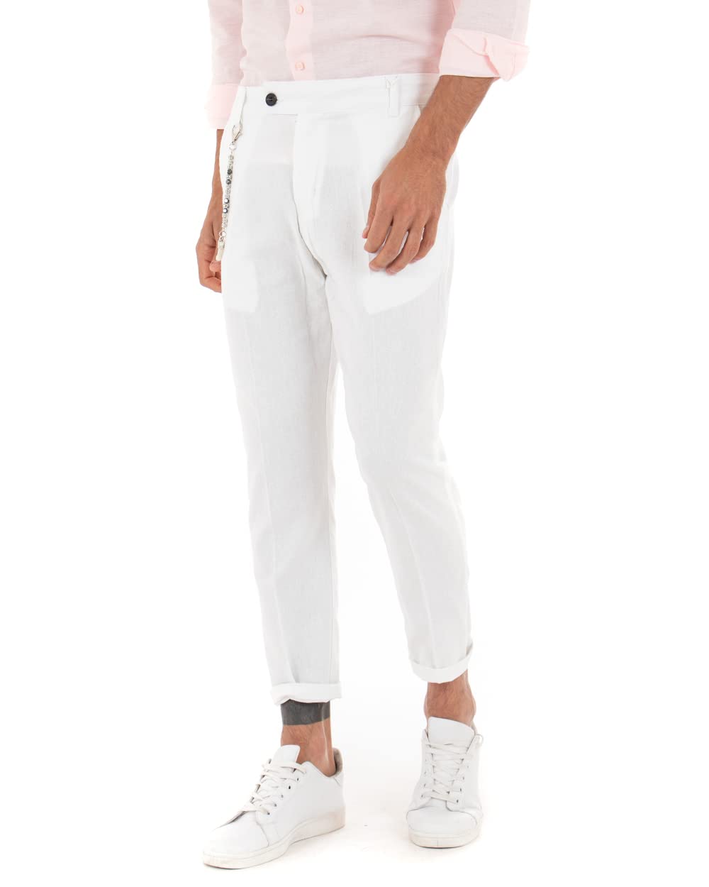 Giosal Pantalone Uomo Lino Bottone Allungato Classico Tinta Unita Elegante