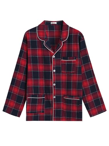 Latuza Men's Plaid Cotton Flannel Pajama Top Long Sleeve Button Down Sleep Shirt, Red, X-Large