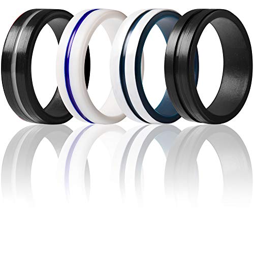 ThunderFit Silicone Rings for Men 4 Pack Rubber Wedding Bands (Black Grey, White Blue, Blue White, Black, 9.5-10 (19.8mm))