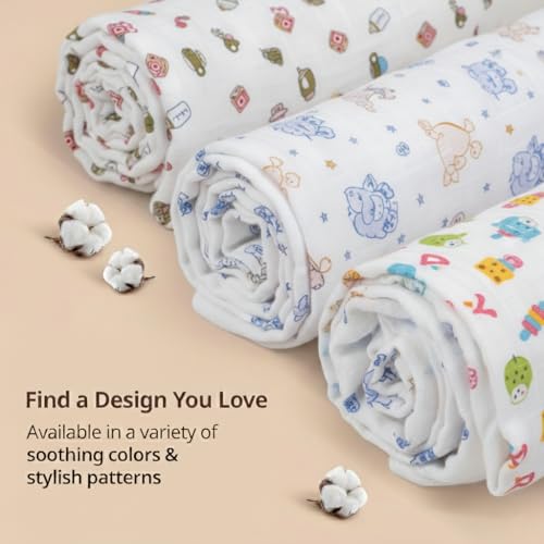 Image of Trance Home Linen Super Soft 100% Cotton Malmal Swaddle Cloth I Swaddle Wrap | Swaddle for New Born Baby | Cotton Baby Swaddle|Baby Shower Gift Set (100x100 cm,Nursery Design,Pack of 3)