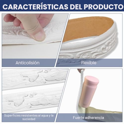 Miniatura 4 de Frisia Autoadhesiva Blanca - 10 M X 8 Cm X 5 Mm - Molduras Y Pared De Estuco 3d, Pegatinas, Impermeables, Para Esquinas, Líneas, Techos