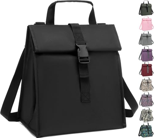Image of Insulated Lunch Bag with Roll-Top Closure, Adjustable Shoulder Strap, Black, Multiple Colours Available (SQ)