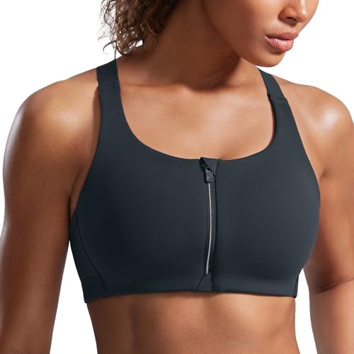 Image of CRZ YOGA Zip Front Cross Back Sports Bras | Molded Cups, Medium to high Support, Training, Adjustable Convertible Straps, Hook and Eye, for Women