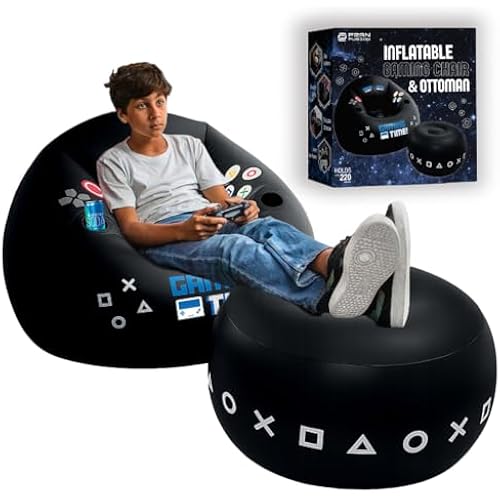 FranFusion Inflatable Gaming Chair for Kids & Teens with Cup Holders and Side Pocket - This Air Bean Bag Game Chair is The Perfect Furniture for Gamer Room Décor (Gaming Time with Ottoman)