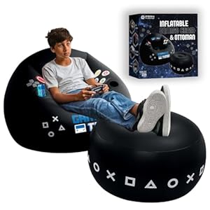 FranFusion Inflatable Gaming Chair for Kids & Teens with Cup Holders and Side Pocket – This Air Bean Bag Game Chair is The Perfect Furniture for Gamer Room Décor (Gaming Time with Ottoman)