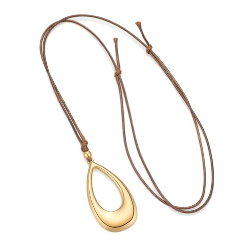 Boho Vintage Style Necklace Gold Tone Cord Chain Teardrop Circle Pendant Adjustable Choker