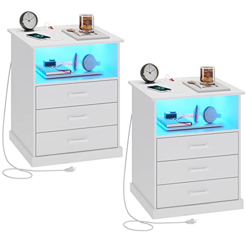 Hasuit Nightstand with Charging Station and LED Lights, Large Bedside Table with 3 Storage Drawer, Black Night Stand for Bedroom, Wider Tabletop 19.0''(L) x 15.0''(W)