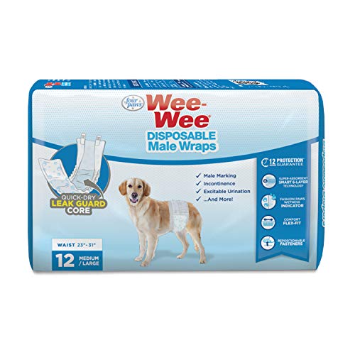 Image of Four Paws Wee-Wee Disposable Male Dog Wraps, Medium /Large, 12 Count | Protects against leaks, dog incontinence, marking, great for puppy training & travel, medium & large breeds