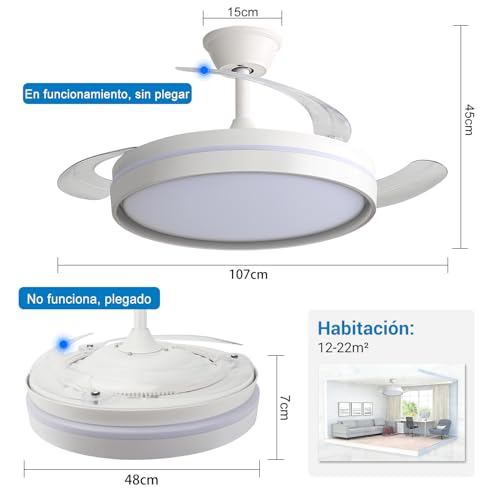 Miniatura 3 de Ventilador De Techo Con Luz Led 60w, Con Mando A Distancia, Ø42in, Temporizador, 6 Velocidades, Aspas Retráctiles, 3 Temperaturas De Luz, Función Verano-Invierno, 5600lm Blanco Minimalista Moderno