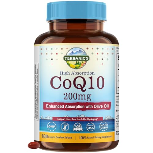 Terranics CoQ10 200mg, Coenzyme Q10 with Extra Virgin Olive Oil for High Absorption, No Gluten, Non-GMO, for Heart Health, Energy, Antioxidant Capacity, 180 Easy to Swallow Softgels