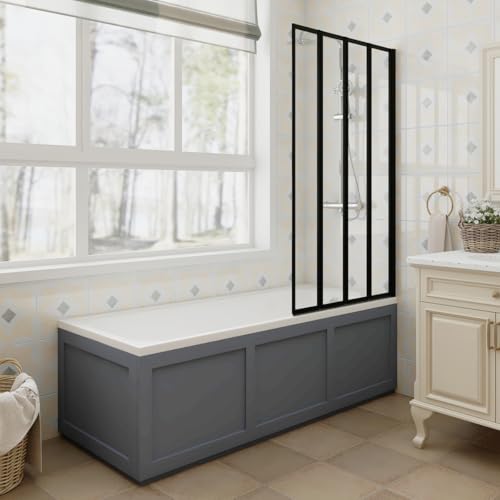 Aquariss 1700x700mm Square Shower Bath Acrylic Straight Single Ended Soaking Bathtub Adjustable Feet + Matt Grey Traditional Front & End Bath Panel + 850x1400mm Black 4 Folding Panel Bath Screen