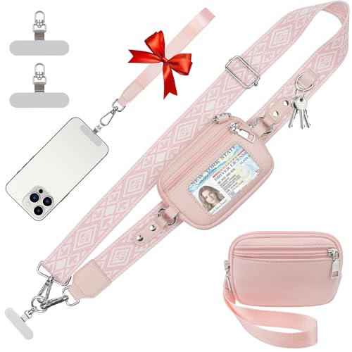 Zencjklixo Clip and Go Strap Cell Phone Pouch Lanyard Crossbody with Wallet Adjustable Leather Purse Strap Anti Theft Pu Wrist for Women Teacher with Id and Passport(Pink)