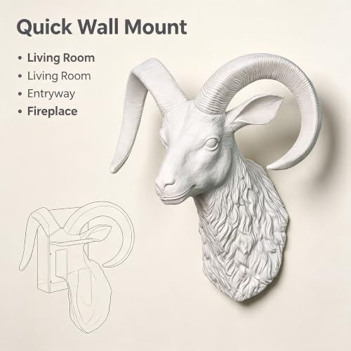 Faux Ram Head Wall Mount, White Resin Sculpture - Image 5
