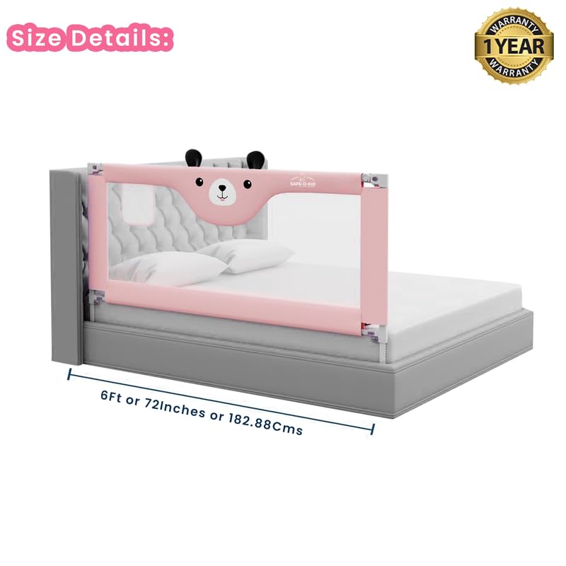Image of Safe-O-Kid 1-Year Warranty 6 Feet /180 Cms Metal Baby Bed Rail, Adjustable Height, Baby Safety Bed Railing for Secure Sleep, Bed Guard for Babies, Pink-Pack of 1