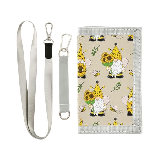 JHKKU Gnome Sunflower Bees Trifold Wallets for Kids Boys Girls, Outdoor Sports Wallet for Teen, with Zipper Coin Pocket Novelty Purse
