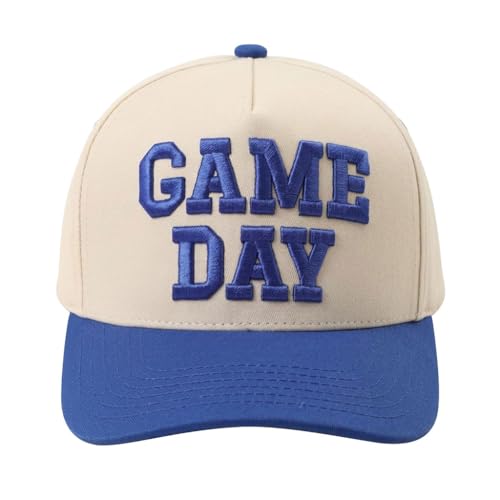 Game Day Hat for Women Men, Vintage Embroidered Football Basketball Cap, Adjustable Baseball Hat for Sports Fans Gift Beige-Blue