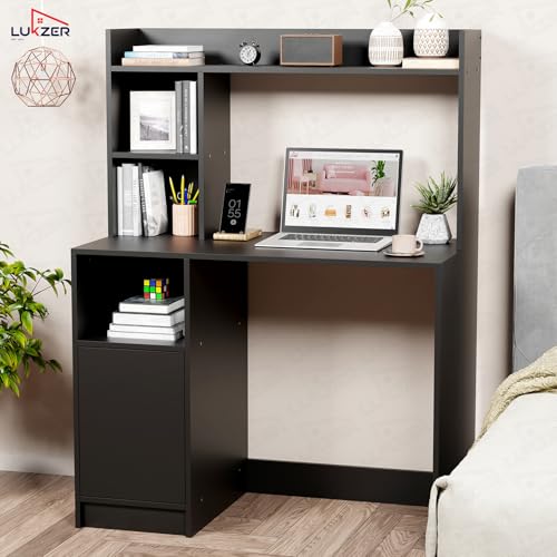 Image of Lukzer ST-009 Black Multi-Purpose Computer Desk with Bookshelf | Engineered Wood | Study Table for Students & Adults | Laptop Table for Home Office Gaming & Workstation | (100x50x134 cm)