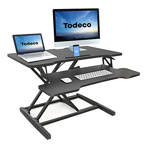 Todeco Convertidor de Escritorio de pie Ajustable en Altura 91 * 40cm Standing Desk Converter con Bandeja para Teclado ergonómica Escritorio para Doble Monitor Escritorio, Negro