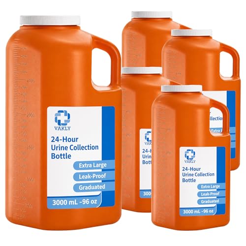 Vakly 24-Hour Urine Collection Bottle (Pack of 5) – Large Graduated Container with Easy-Grip Handle, Wide Opening & Screw-On Cover for Overnight Collection