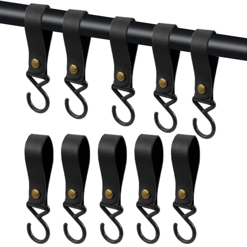 KOZOY Ganchos en S de Cuero con Correa - Multifuncionales en Metal para Camping, Colgar Ollas, Sartenes, Abrigos y Toallas