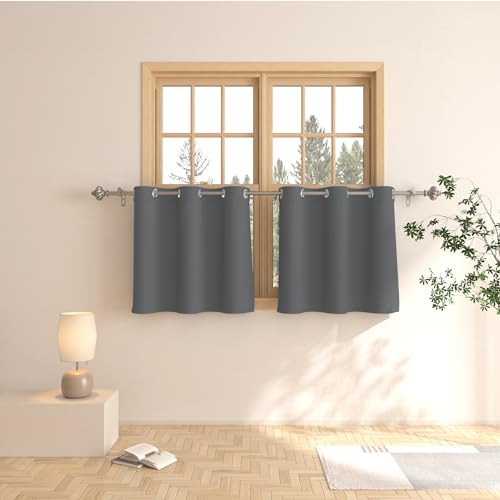Tier Curtains Charcoal Grey Blackout 24 inch Room Darkening Kitchen Tiers Bathroom Mini Short Curtain Triple Weave Small Cafe Curtains Half Window Treatment Set 2 Panels Basement Grommet Top Drapes