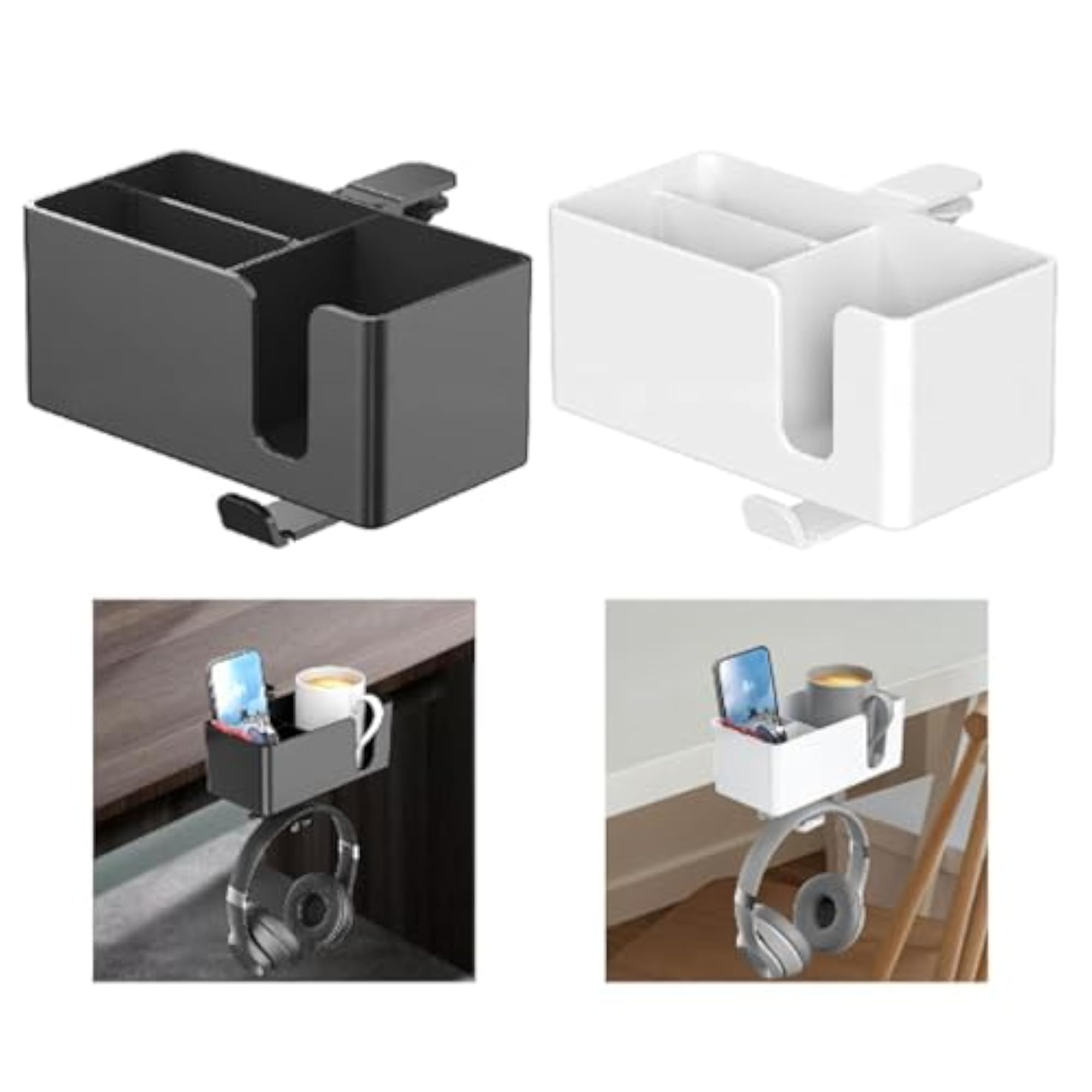 4 in 1 Desk Cup Holder Headphone Hanger & Storage Box, Black