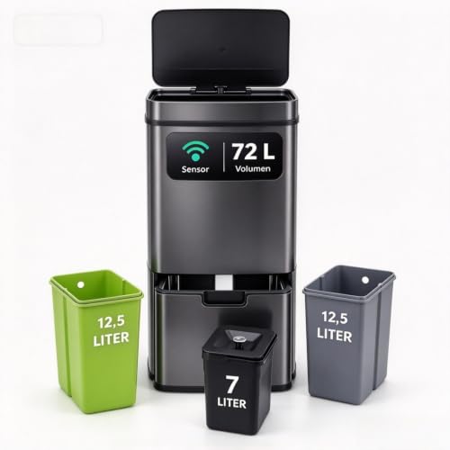 Furnestorica 72L Sensor-Mülleimer Edelstahl 3+1 Fächer Mülltrennung, 2x12L+1x48L, fingerabdruckresistent, geruchsisolierend, leises Schließen, Küche & Büro, Batterien nicht enthalten, Grau