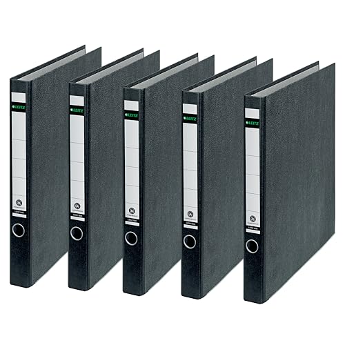 Leitz Standard-Ringordner ohne Schlitze, 5er Pack , Schwarz, 3,5 cm Rückenbreite, Einband mit Wolkenmarmor-Papier bezogen, 10400000