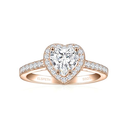 Elspeth 925 Sterling Silver Engagement Ring for Women, Heart Shaped 1CT Cubic Zirconia Halo Wedding Promise Ring Size 7.5