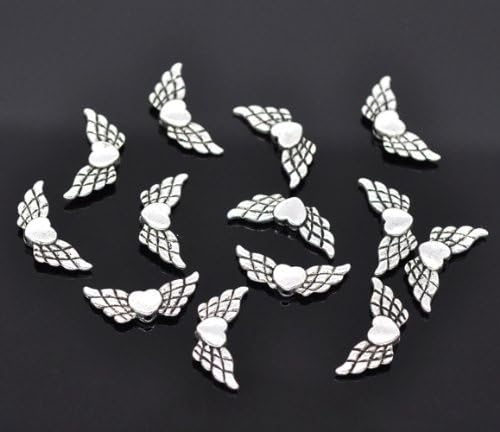 PEPPERLONELY 50pc Antiqued Silver Heart Angel Wings Spacer Beads 22x9mm