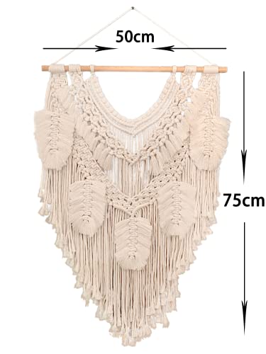 Uusiy Macrame Wall Hanging With Leaves White Boho Wall Decor Tapestry Tassels Chic Art For Living Room Farmhouse Bedroom Bohemian Hand Woven Knitted Yarn Macrame Wall Home Decor Beige #TOP1