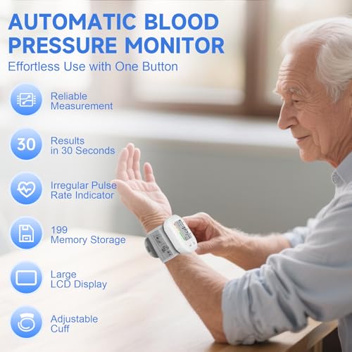 Blood Pressure Monitor Adjustable Wrist Cuff for Home Use Automatic BP Machine Large Digital LCD Display 199 Memory Batteries Included with Carrying Case, White