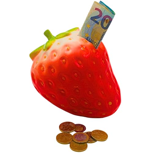 Spardose Erdbeere, Klassisches Sparschwein, Kindersparbüchse, Sparfrucht, Sparfigur, Kinderspardose, Erdbeerspardose, Sparschwein mit Sparfunktion aus Keramik in rot, L/B/H 15 x 12 x 11 cm.