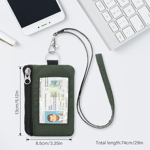 Image of Minimalist RFID Wallet with Lanyard, Multi-Functional ID Case with 2 Zipper Pockets and Key Chain for Men and Women, Tactical Badge Pouch Cards Holder, Coin Purse for Travel Sports - Black&Army